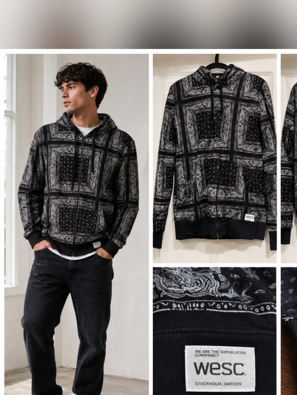 WESC Black Bandana Print Hoodie Full Zip Streetwear Paisley Size (Small)